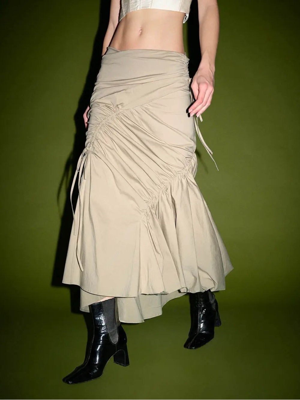 Ruched Split Hem Fishtail Cotton Midi Skirt